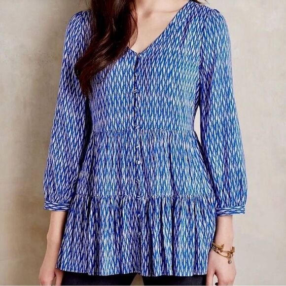 Anthropologie Maeve Lila Tiered Button Up Tunic Babydoll Blouse Size Medium - Picture 1 of 16